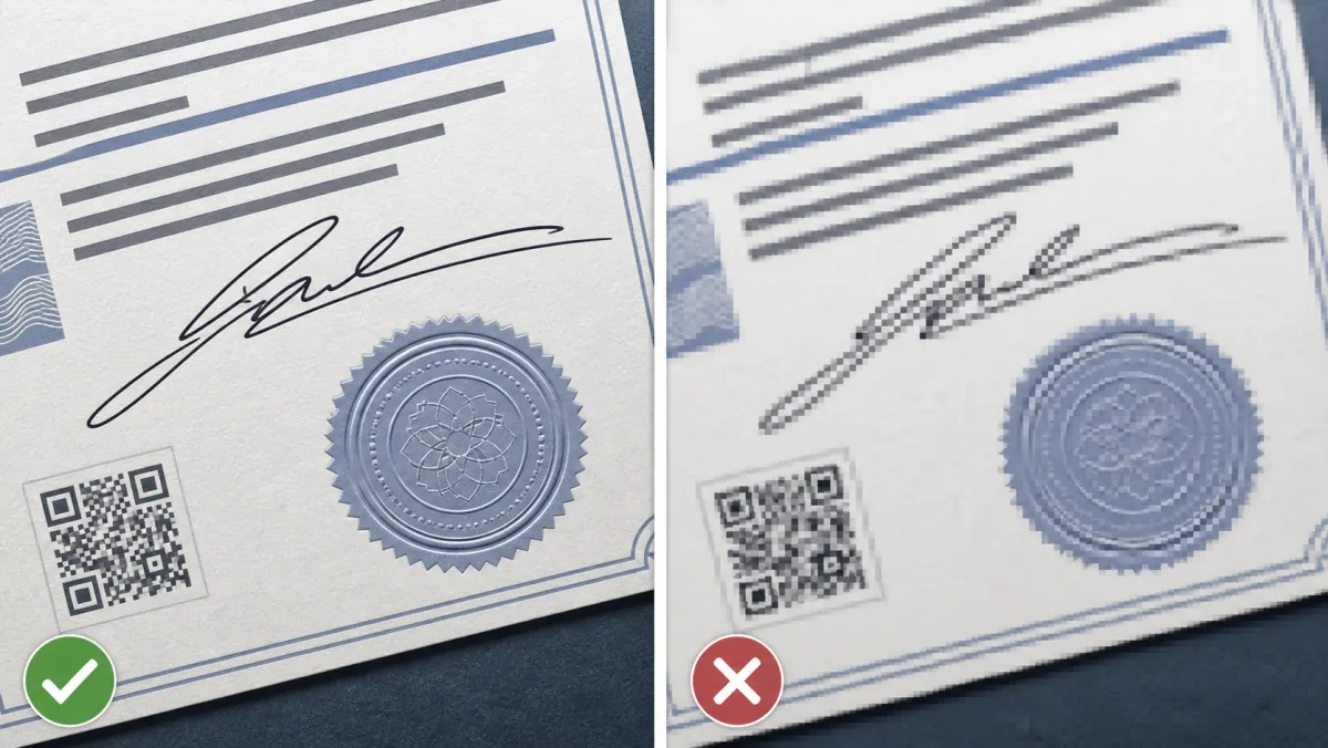 Comparación ilustrada de una firma, sello y código nítidos frente a los mismos detalles pixelados por compresión excesiva